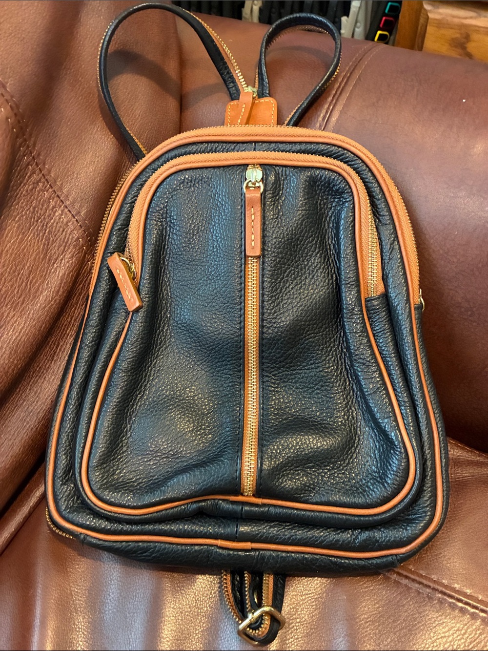 Black Leather Backpack Purse with Tan Trim